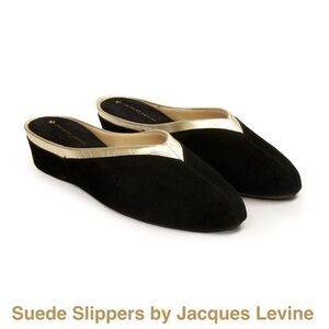 Jacques Levine Black Suede With Gold LeatherTrim Wedge Slipper Mules Shoe Size 9